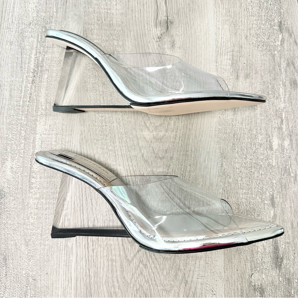 Good American size 9 1/2 silver mirror heels with clear strap - Picture 3 of 7